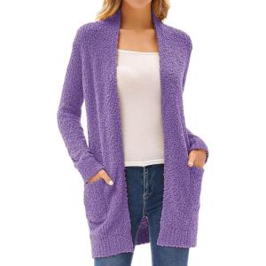 GRACE KARIN Long Cardigan Sweaters for Women, Open Front Fuzzy Winter Coat, Chunky Knit Winter Clothing with Pockets(Grape)