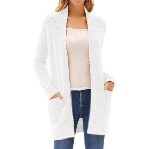GRACE KARIN Long Cardigan Sweaters for Women, Open Front Fuzzy Winter Coat, Chunky Knit Winter Clothing with Pockets(White)