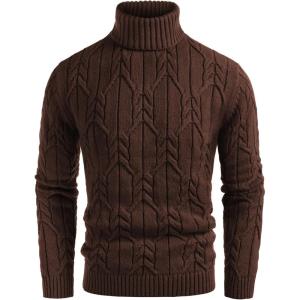 GRACE KARIN Men Turtleneck Sweater Long Sleeve Cable Knit Sweaters Slim Fit Mock Neck Twisted Pullover(Brown)