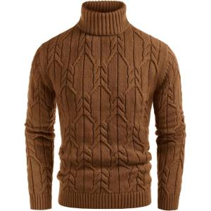 GRACE KARIN Men Turtleneck Sweater Long Sleeve Cable Knit Sweaters Slim Fit Mock Neck Twisted Pullover(Coffee)