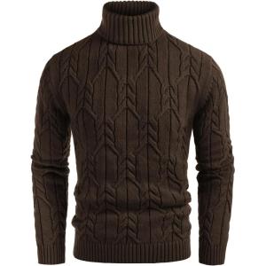 GRACE KARIN Men Turtleneck Sweater Long Sleeve Cable Knit Sweaters Slim Fit Mock Neck Twisted Pullover(Dark Coffee)