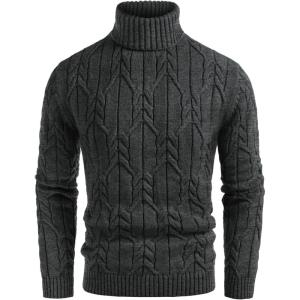 GRACE KARIN Men Turtleneck Sweater Long Sleeve Cable Knit Sweaters Slim Fit Mock Neck Twisted Pullover(Dark Gray)