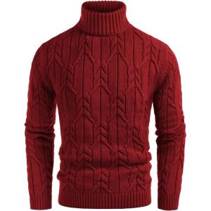 GRACE KARIN Men Turtleneck Sweater Long Sleeve Cable Knit Sweaters Slim Fit Mock Neck Twisted Pullover(Dark Red)