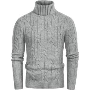 GRACE KARIN Men Turtleneck Sweater Long Sleeve Cable Knit Sweaters Slim Fit Mock Neck Twisted Pullover(Grey Blue)