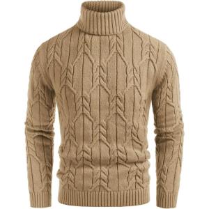 GRACE KARIN Men Turtleneck Sweater Long Sleeve Cable Knit Sweaters Slim Fit Mock Neck Twisted Pullover(Khaki)