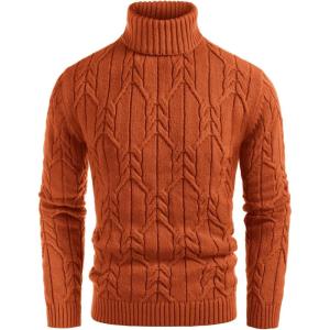GRACE KARIN Men Turtleneck Sweater Long Sleeve Cable Knit Sweaters Slim Fit Mock Neck Twisted Pullover(Light Rust Red)