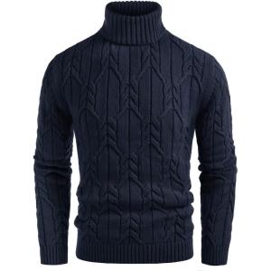 GRACE KARIN Men Turtleneck Sweater Long Sleeve Cable Knit Sweaters Slim Fit Mock Neck Twisted Pullover(Navy)