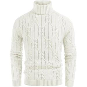 GRACE KARIN Men Turtleneck Sweater Long Sleeve Cable Knit Sweaters Slim Fit Mock Neck Twisted Pullover(Off-white)