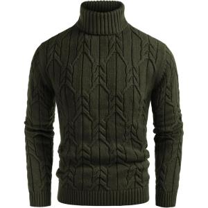 GRACE KARIN Men Turtleneck Sweater Long Sleeve Cable Knit Sweaters Slim Fit Mock Neck Twisted Pullover(Olive Green)