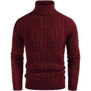 GRACE KARIN Men Turtleneck Sweater Long Sleeve Cable Knit Sweaters Slim Fit Mock Neck Twisted Pullover(Wine)