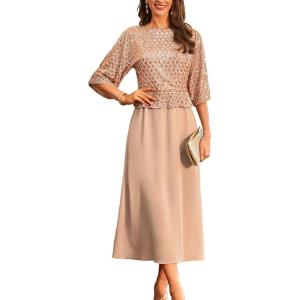 GRACE KARIN Mother of Bride Dresses 2025, 3/4 Sleeve Sequin Dress Maxi, Elegant Wedding Guest Dress Formal Cocktail(Champagne Gold)
