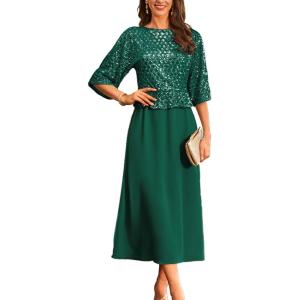 GRACE KARIN Mother of Bride Dresses 2025, 3/4 Sleeve Sequin Dress Maxi, Elegant Wedding Guest Dress Formal Cocktail(Green)