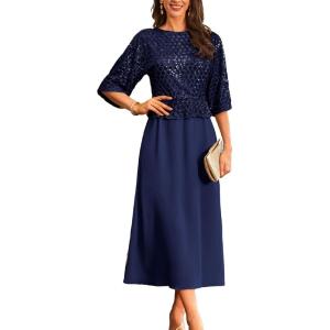 GRACE KARIN Mother of Bride Dresses 2025, 3/4 Sleeve Sequin Dress Maxi, Elegant Wedding Guest Dress Formal Cocktail(Navy Blue)