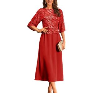 GRACE KARIN Mother of Bride Dresses 2025, 3/4 Sleeve Sequin Dress Maxi, Elegant Wedding Guest Dress Formal Cocktail(Red)