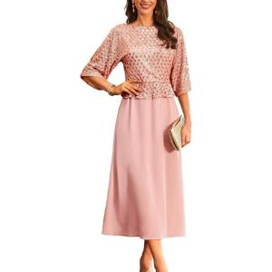 GRACE KARIN Mother of Bride Dresses 2025, 3/4 Sleeve Sequin Dress Maxi, Elegant Wedding Guest Dress Formal Cocktail(Rose Pink)
