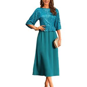 GRACE KARIN Mother of Bride Dresses 2025, 3/4 Sleeve Sequin Dress Maxi, Elegant Wedding Guest Dress Formal Cocktail(Teal Blue)