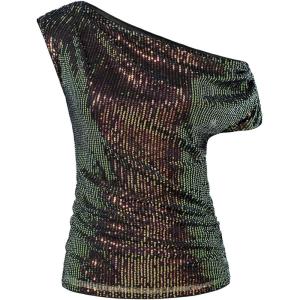 GRACE KARIN One Shoulder Sequin Sparkly Tops for Women Ruched Asymmetrical Glitter Tops Slimming Sparkle Party Shirts(Dazzling-black)