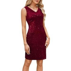 GRACE KARIN Sequin Dress for Women 2025 Sleeveless V-Neck Sparkly Glitter Cocktail Party Club Bodycon Dress(Wine Red)