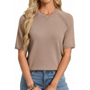 GRACE KARIN Short Sleeve Sweater for Women Trendy, Business Casual Spring Knit Tops, Crew Neck Layering Pullover Sweater(Khaki)