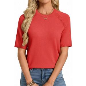GRACE KARIN Short Sleeve Sweater for Women Trendy, Business Casual Spring Knit Tops, Crew Neck Layering Pullover Sweater(Orange Red)