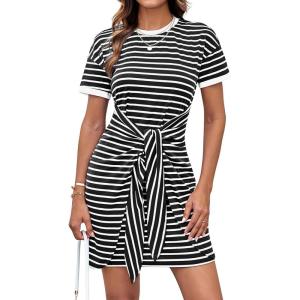 GRACE KARIN Striped Shirt Dresses for Women Front Tie Crewneck Wrap Dress Short Sleeve T-Shirt Casual Mini Bodycon Dress(Black)