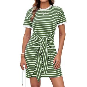 GRACE KARIN Striped Shirt Dresses for Women Front Tie Crewneck Wrap Dress Short Sleeve T-Shirt Casual Mini Bodycon Dress(Green)