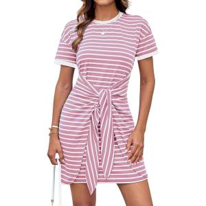 GRACE KARIN Striped Shirt Dresses for Women Front Tie Crewneck Wrap Dress Short Sleeve T-Shirt Casual Mini Bodycon Dress(Pink)