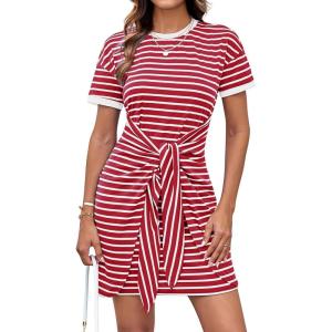 GRACE KARIN Striped Shirt Dresses for Women Front Tie Crewneck Wrap Dress Short Sleeve T-Shirt Casual Mini Bodycon Dress(Red)