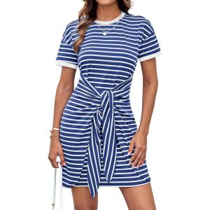 GRACE KARIN Striped Shirt Dresses for Women Front Tie Crewneck Wrap Dress Short Sleeve T-Shirt Casual Mini Bodycon Dress(Royal Blue)