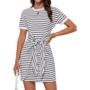 GRACE KARIN Striped Shirt Dresses for Women Front Tie Crewneck Wrap Dress Short Sleeve T-Shirt Casual Mini Bodycon Dress(White)