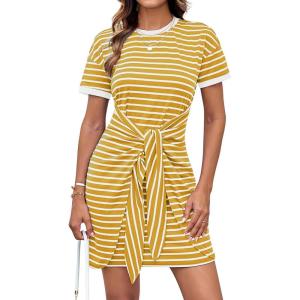 GRACE KARIN Striped Shirt Dresses for Women Front Tie Crewneck Wrap Dress Short Sleeve T-Shirt Casual Mini Bodycon Dress(Yellow)
