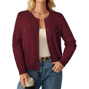 GRACE KARIN Women 2025 Tweed Cardigan Sweaters, Casual Lightweight Cropped Cardigan, Early Fall Fashion Knit Blazer Outfits(Burgundy Red)