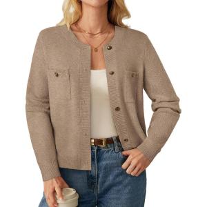 GRACE KARIN Women 2025 Tweed Cardigan Sweaters, Casual Lightweight Cropped Cardigan, Early Fall Fashion Knit Blazer Outfits(Camel)