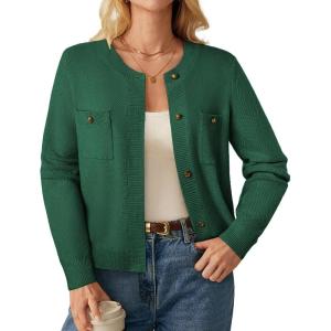 GRACE KARIN Women 2025 Tweed Cardigan Sweaters, Casual Lightweight Cropped Cardigan, Early Fall Fashion Knit Blazer Outfits(Green)