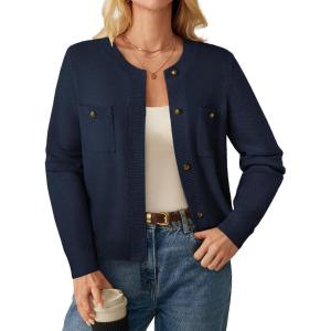 GRACE KARIN Women 2025 Tweed Cardigan Sweaters, Casual Lightweight Cropped Cardigan, Early Fall Fashion Knit Blazer Outfits(Navy Blue)