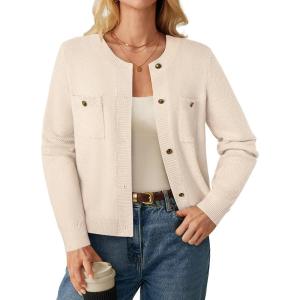 GRACE KARIN Women 2025 Tweed Cardigan Sweaters, Casual Lightweight Cropped Cardigan, Early Fall Fashion Knit Blazer Outfits(White)