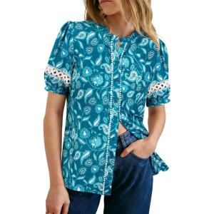 GRACE KARIN Women Boho Floral Tops, Summer Short Eyelet Sleeve Dressy Casual Shirts, Spring Button Down Blouse 2026 Trendy(Blue)