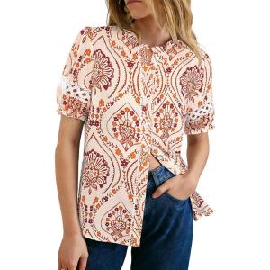 GRACE KARIN Women Boho Floral Tops, Summer Short Eyelet Sleeve Dressy Casual Shirts, Spring Button Down Blouse 2026 Trendy(Orange)