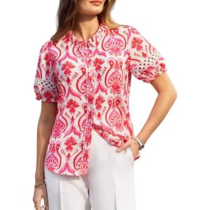 GRACE KARIN Women Boho Floral Tops, Summer Short Eyelet Sleeve Dressy Casual Shirts, Spring Button Down Blouse 2026 Trendy(Red)