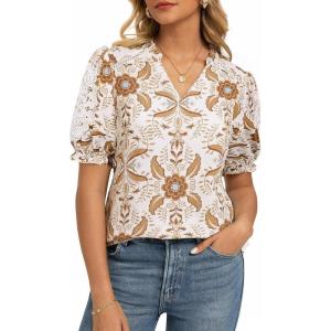 GRACE KARIN Women Boho Floral Tops, Summer Short Sleeve Shirts, V Neck Dressy Casual Blouse Work Printed 2026 Spring Trendy(Beige Brown)