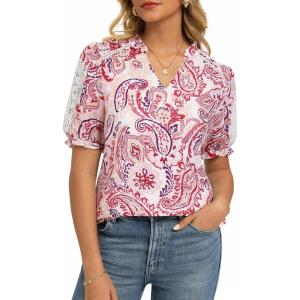 GRACE KARIN Women Boho Floral Tops, Summer Short Sleeve Shirts, V Neck Dressy Casual Blouse Work Printed 2026 Spring Trendy(Beige Red)