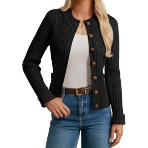 GRACE KARIN Women Button Up Cable Knit Sweater, Cropped Cardigan Sweaters, Chunky Winter Clothing 2025(Black)