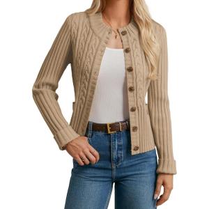 GRACE KARIN Women Button Up Cable Knit Sweater, Cropped Cardigan Sweaters, Chunky Winter Clothing 2025(Khaki Beige)