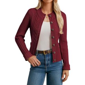 GRACE KARIN Women Button Up Cable Knit Sweater, Cropped Cardigan Sweaters, Chunky Winter Clothing 2025(Red)