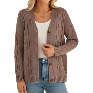 GRACE KARIN Women Cable Knit Cardigan Sweater, Chunky Button Up Sweaters, Long Sleeve Open Front Cardigan(Coffee)