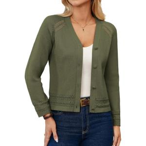 GRACE KARIN Women Cotton Cropped Cardigan Lightweight Long Sleeve Button Knit Sweaters Spring Summer Fashion Clothes 2026(Army Green)