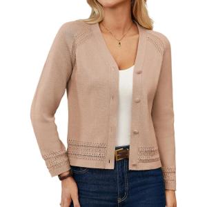 GRACE KARIN Women Cotton Cropped Cardigan Lightweight Long Sleeve Button Knit Sweaters Spring Summer Fashion Clothes 2026(Beige)