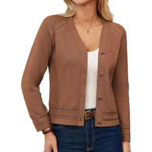 GRACE KARIN Women Cotton Cropped Cardigan Lightweight Long Sleeve Button Knit Sweaters Spring Summer Fashion Clothes 2026(Brown)