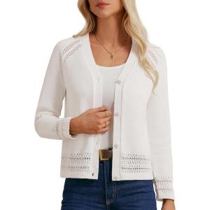 GRACE KARIN Women Cotton Cropped Cardigan Lightweight Long Sleeve Button Knit Sweaters Spring Summer Fashion Clothes 2026(White)