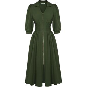 GRACE KARIN Women Fall Midi Dress 2025 A Line Smocked Work Dress Fit and Flare V Neck Zipper 3/4 Sleeve Dress Casual Pockets(Army Green)
